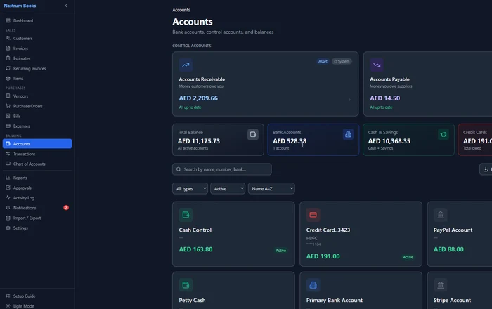 Nastrum Books bank accounts overview showing AR, AP, and individual account balances