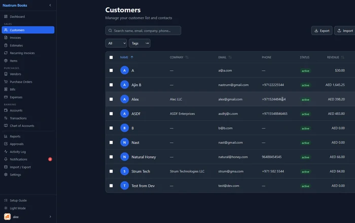 Nastrum Books customer list with balances and contact details
