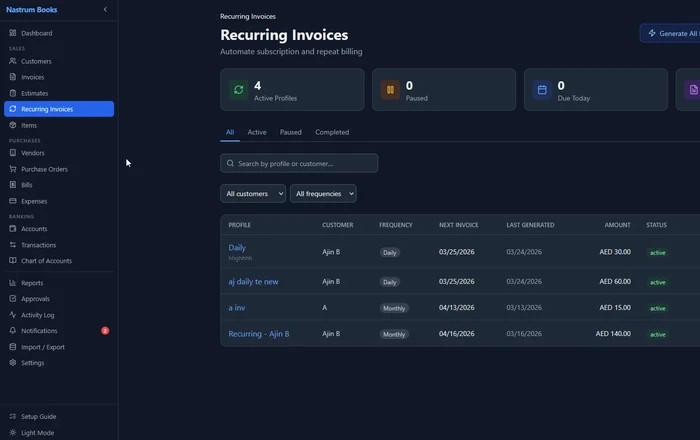 Recurring invoices list in Nastrum Books showing active schedules with daily frequency and AED amounts