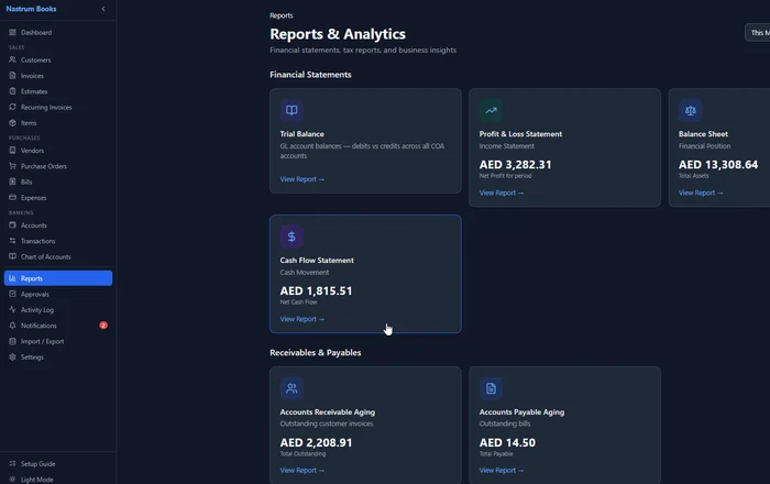 Nastrum Books reports hub showing all 14 financial report types