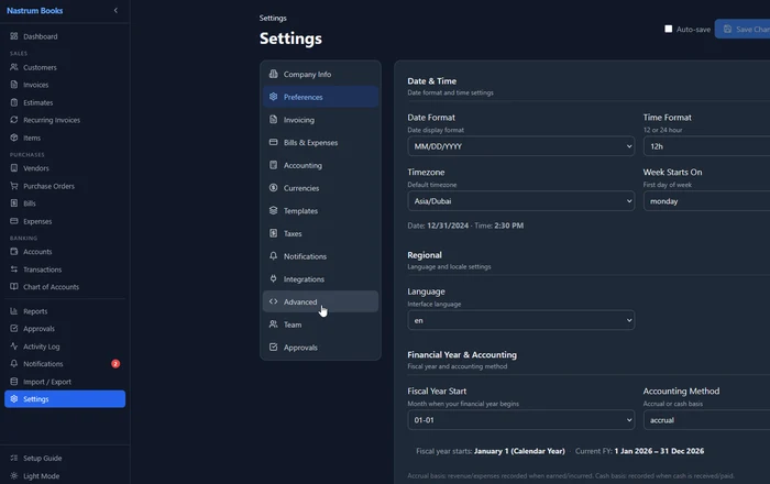 Nastrum Books settings showing company profile and tax configuration